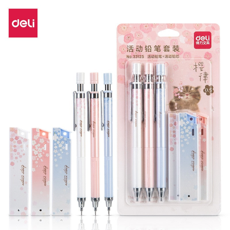 Deli Sakura 0.5mm mechanical pencil set; three pastel pencils with cherry blossom design, 0.5mm lead, smooth writing, durable plastic.