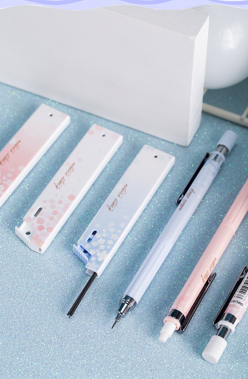 Pastel Sakura-designed Deli 0.5mm mechanical pencils; set of three with smooth writing.