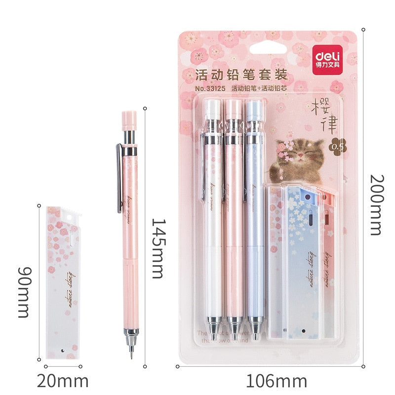 Pastel pink, blue, and white Deli Sakura 0.5mm mechanical pencils; cherry blossom design; includes eraser; set of 3.