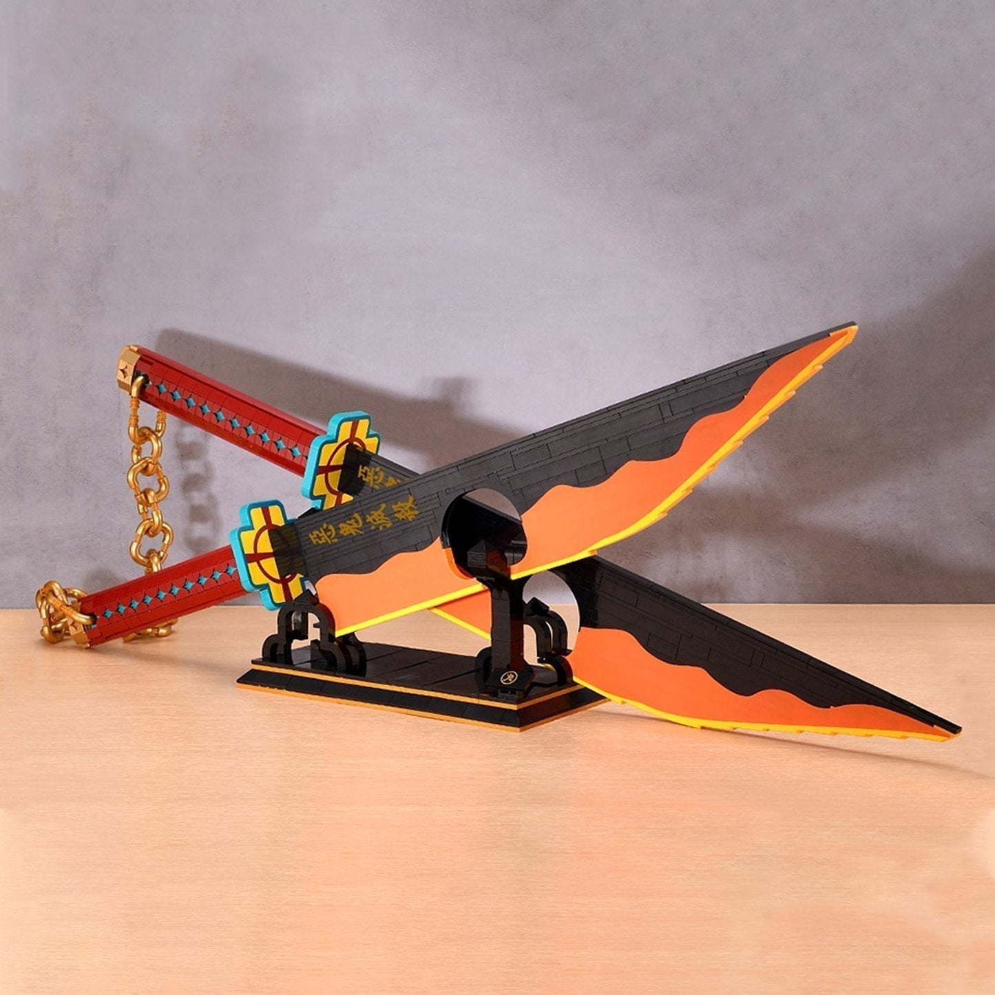 Demon Slayer Nichirin swords nano-block building set; 1400+ pieces, black, orange, and red swords with display stand.