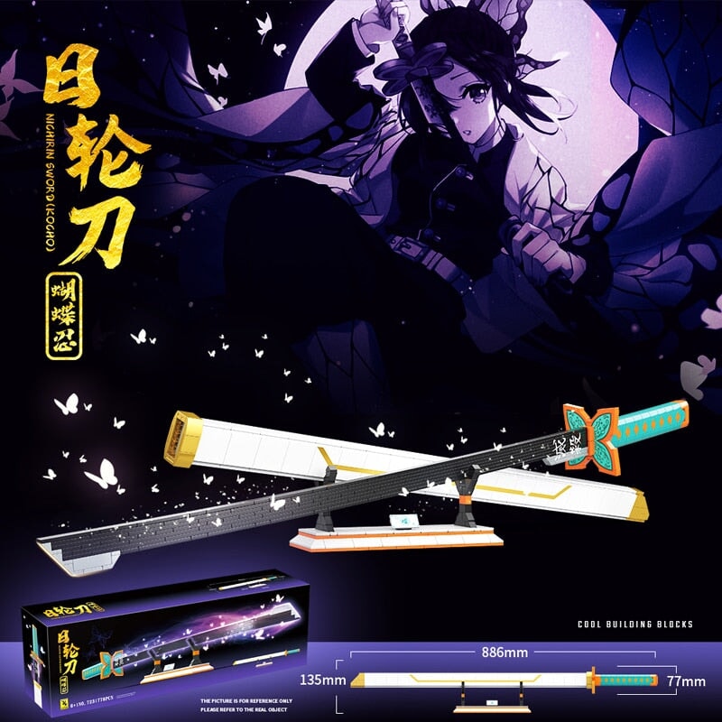 Demon Slayer Nichirin twin swords nano-building set; 1400+ premium ABS plastic pieces; includes display stand; 14+.