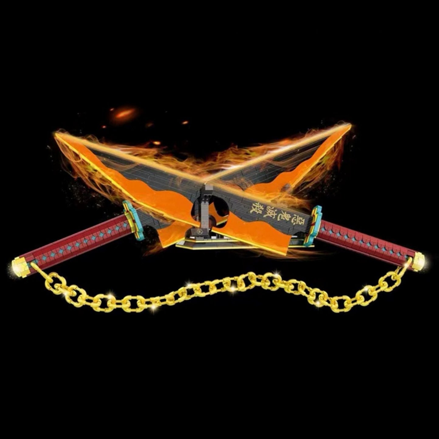 Demon Slayer Nichirin twin swords nano-block building set; 1400+ pieces, orange & red blades, gold chain, display stand.