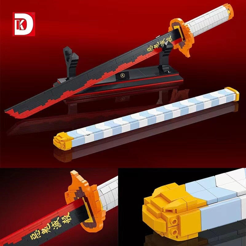 Demon Slayer Nichirin swords nano-block building set; 1400+ pieces, red & white, includes display stand.