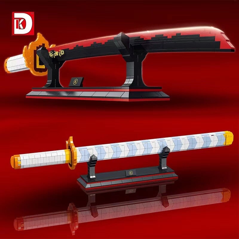 Demon Slayer Nichirin twin swords nano-block building set; red & white, 1400+ pieces, includes display stands.