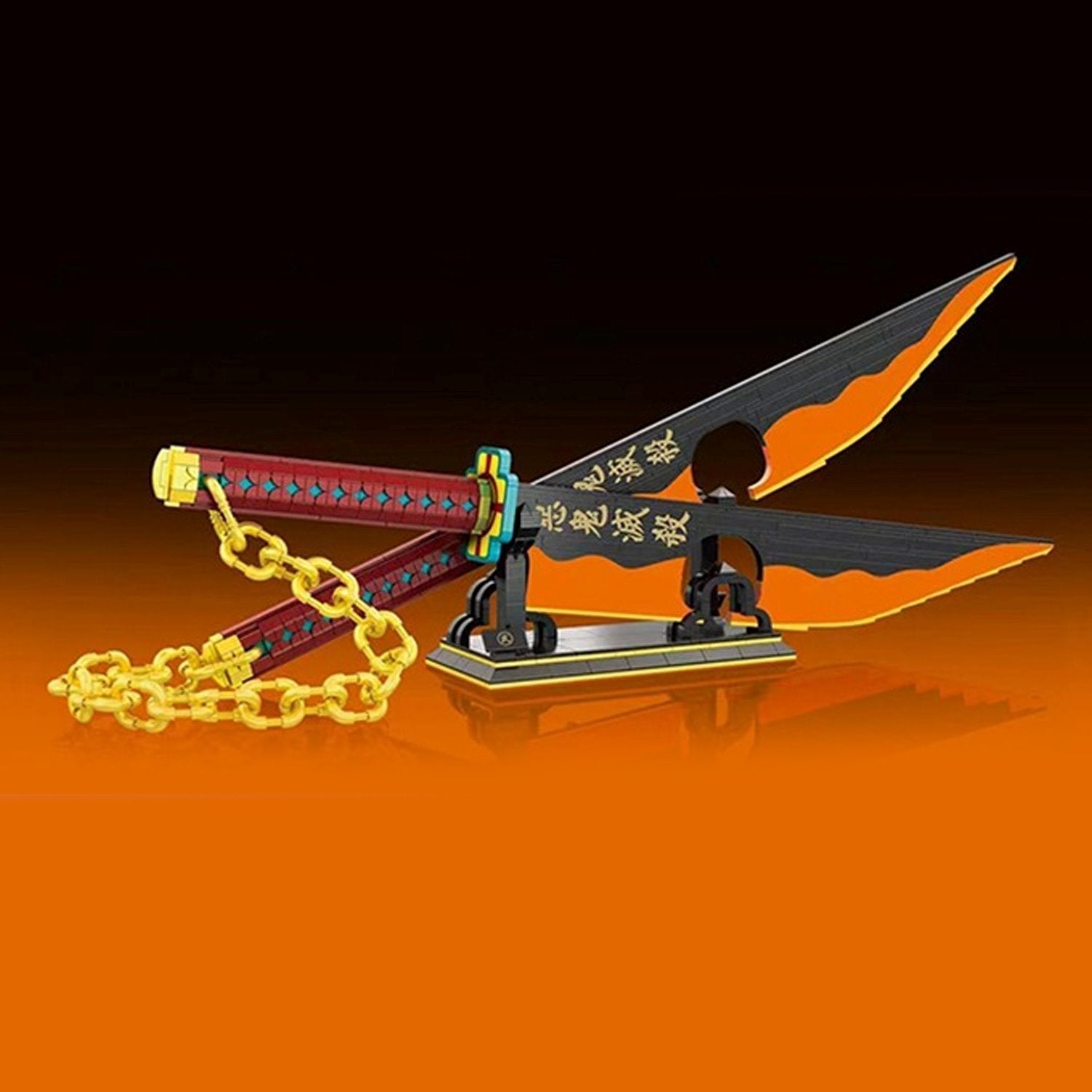 Demon Slayer Nichirin swords nano-block building set; 1400+ pieces, black, orange, red, gold chain, display stand.