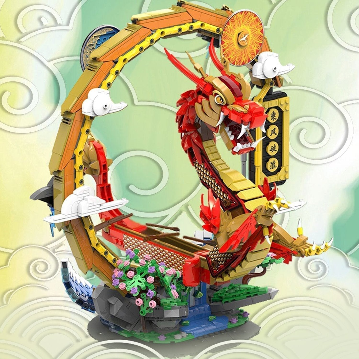 Dragon Boat Festival nano-block building set; 2000+ pieces, red dragon, vibrant colors, 4 mini-dolls, detailed instructions.