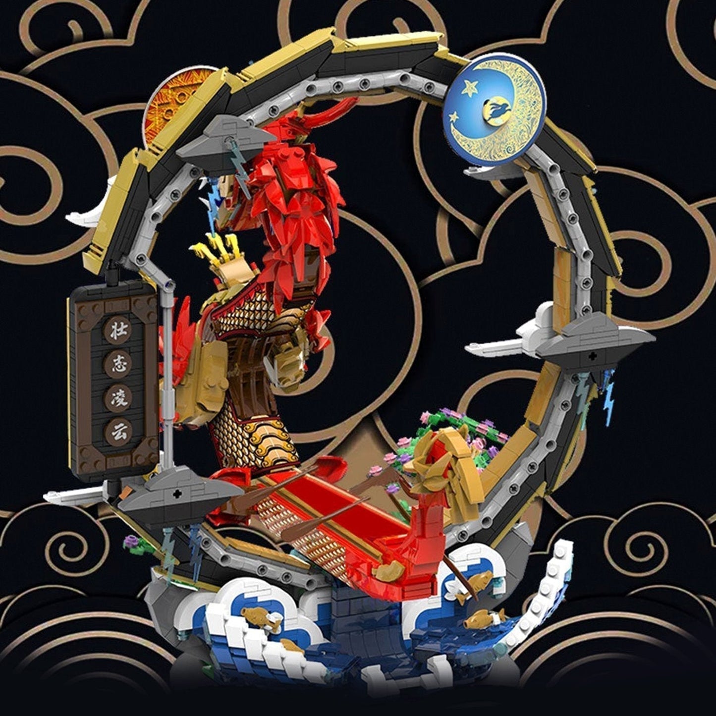 2000+ pc Dragon Boat Festival nano-block model; red, gold, & blue; detailed dragon boat, 4 mini-dolls, ABS plastic.