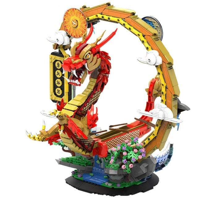 Intricate red & gold nano block dragon boat; 2000+ pieces, 4 mini-dolls, detailed instructions; celebrates Dragon Boat Festival.