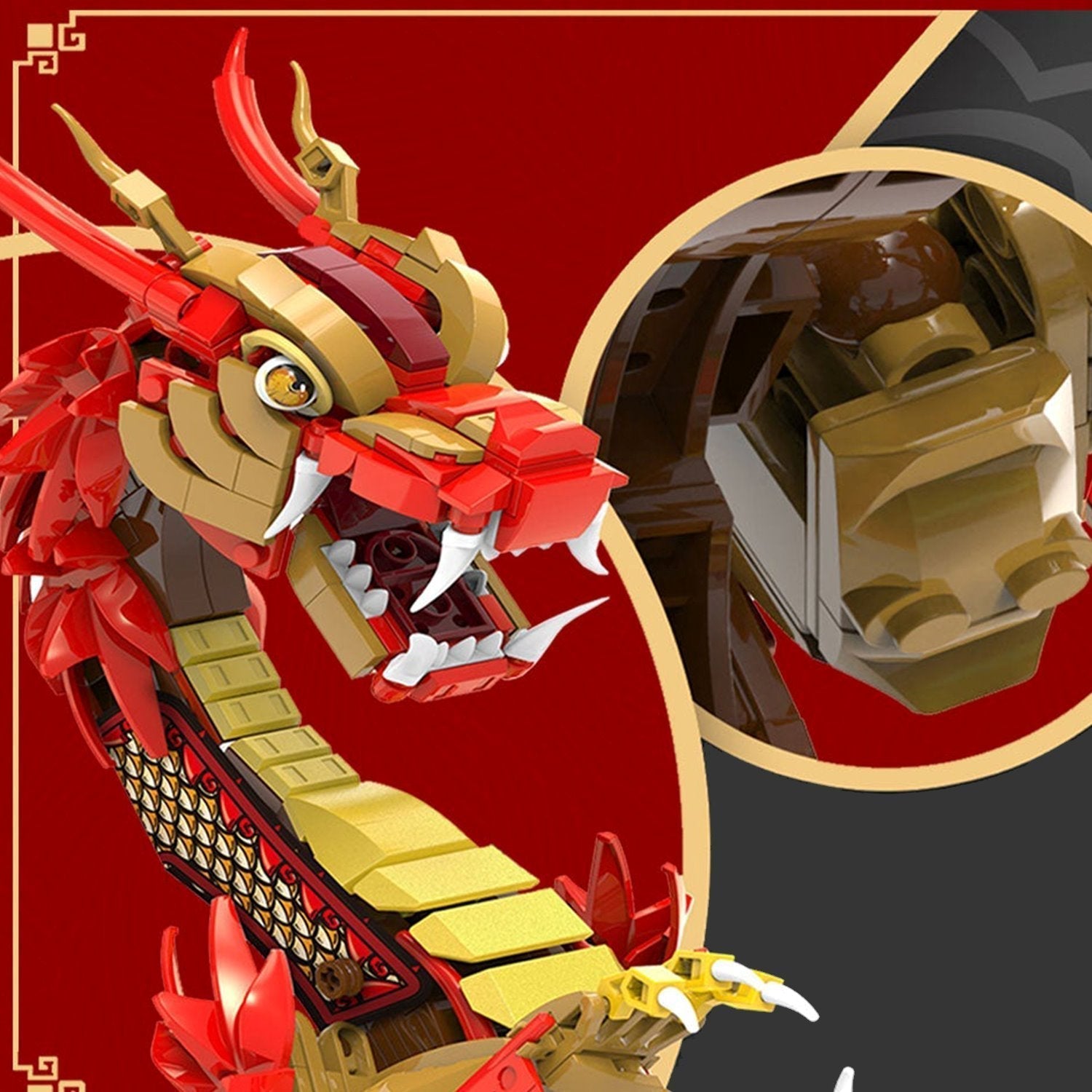 Red & gold nano-block dragon boat, 2000+ pieces, 4 mini-dolls,  37.5x40x35cm assembled.  Dragon Boat Festival themed.