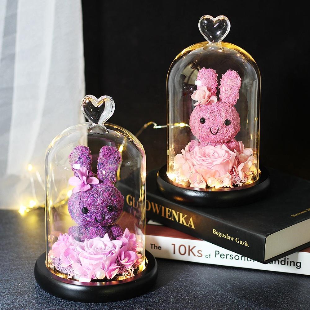 Enchanted rose bunny LED display in glass dome; preserved rose, bunny, LED lights. Perfect gift. 12x20cm.