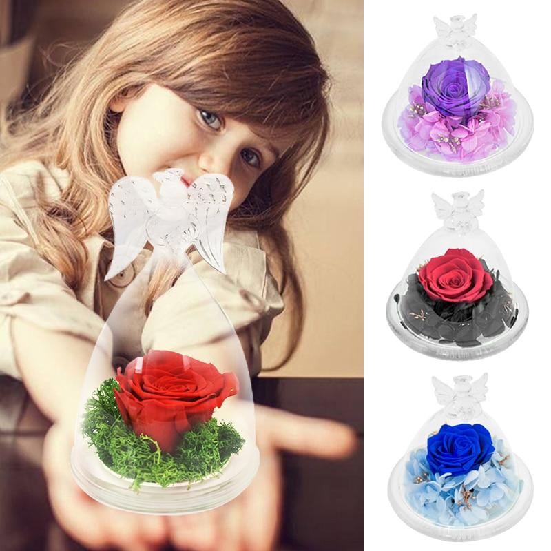 Preserved enchanted rose in glass dome with angel wings, available in 12 colors.  Lasts 3-5 years.  Perfect gift.