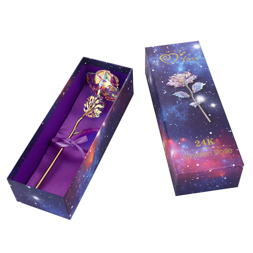 Iridescent galaxy rose in 24k gold-plated frame with "Love You For Life" engraving; heart-shaped stand; gift box included.