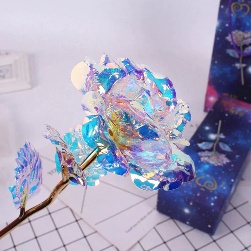 Iridescent galaxy rose gold-plated with 24k gold, engraved "Love You For Life," heart-shaped stand.