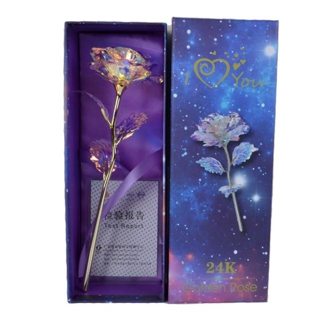 Iridescent galaxy rose in a 24k gold-plated frame with a heart-shaped stand; perfect gift for anniversaries.