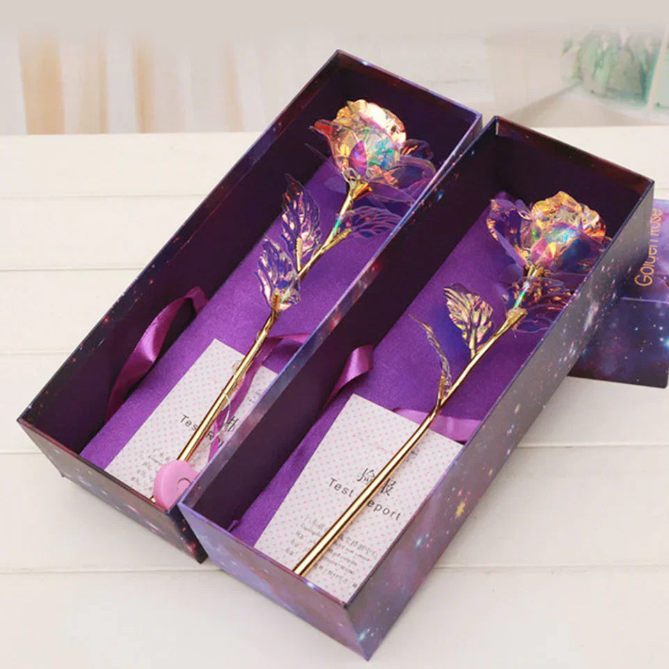 Iridescent galaxy rose gold-plated in 24k gold, heart-shaped stand, "Love You For Life" engraved, gift box included.
