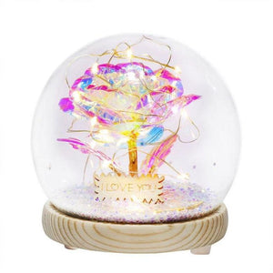 Illuminated preserved red rose in glass dome with LED lights; wooden base; perfect romantic gift.