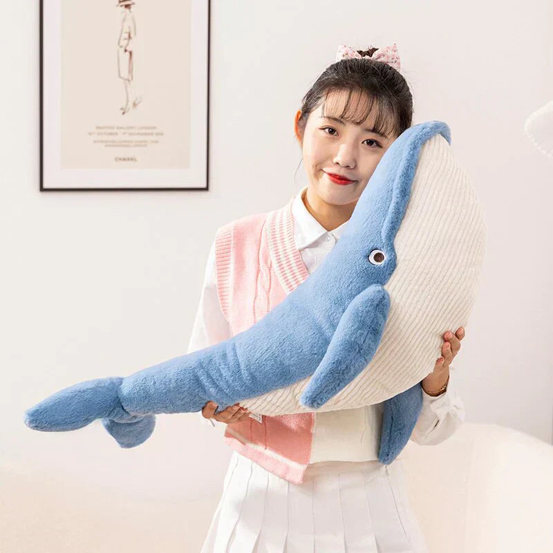 Giant Eli blue whale plush toy, soft PP cotton, calming anxiety, promotes sleep. Adorable design, hypoallergenic.