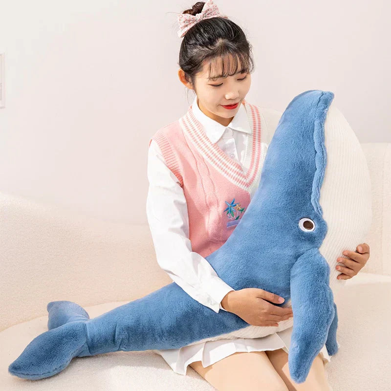 Giant Eli blue whale plush toy, soft PP cotton, calming anxiety toy for better sleep. Adorable design, hypoallergenic.