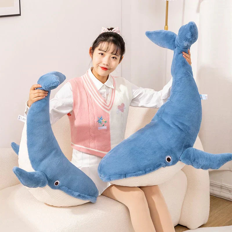 Giant Eli blue whale plush toy, soft PP cotton, hypoallergenic, promotes relaxation and sleep.  Adorable design, multiple sizes.