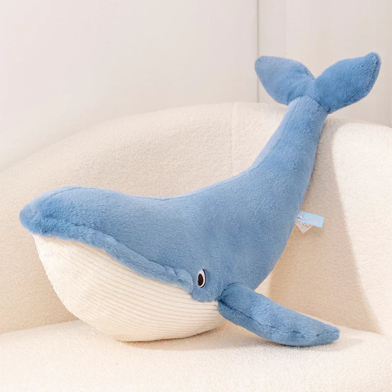 Giant Eli blue whale plush toy, soft PP cotton, cuddly, promotes relaxation and sleep. Hypoallergenic.