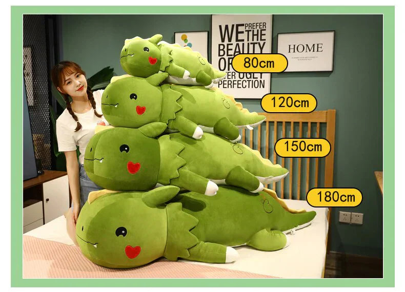 Giant green plush dragon toy, hypoallergenic cotton, various sizes, super soft, cuddly companion.