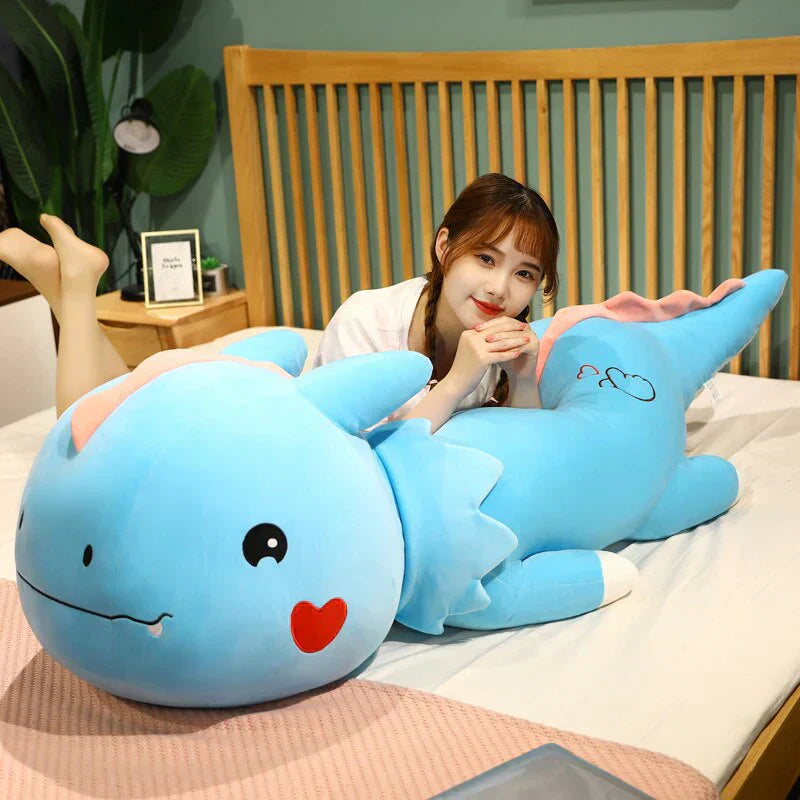 Huge light-blue plush dragon toy, hypoallergenic cotton, super soft, perfect for cuddling.