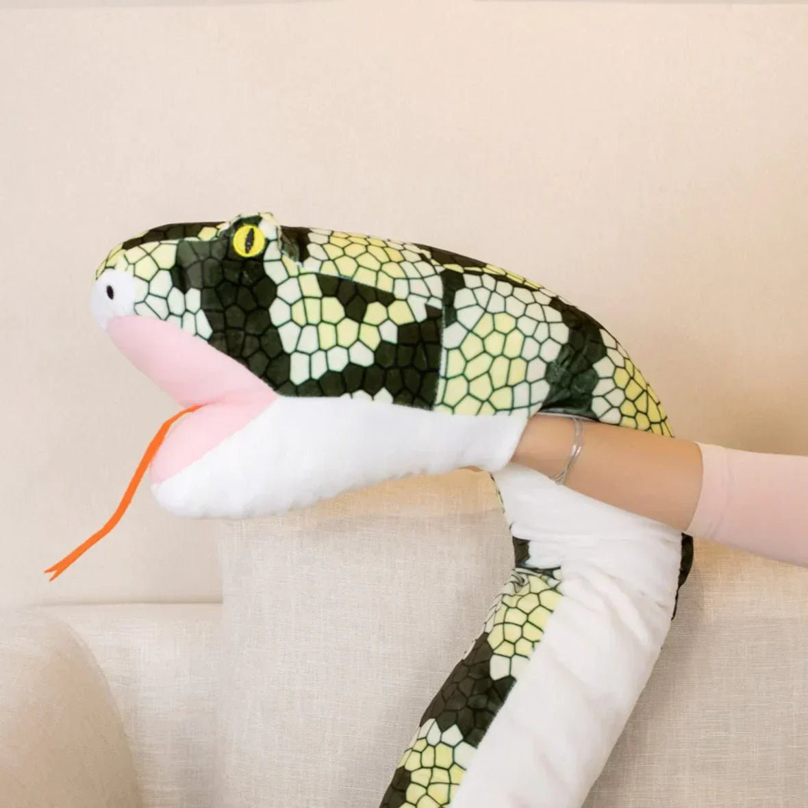 Giant 63" plush snake pillow in green and white, super soft PP cotton filling, huggable design.