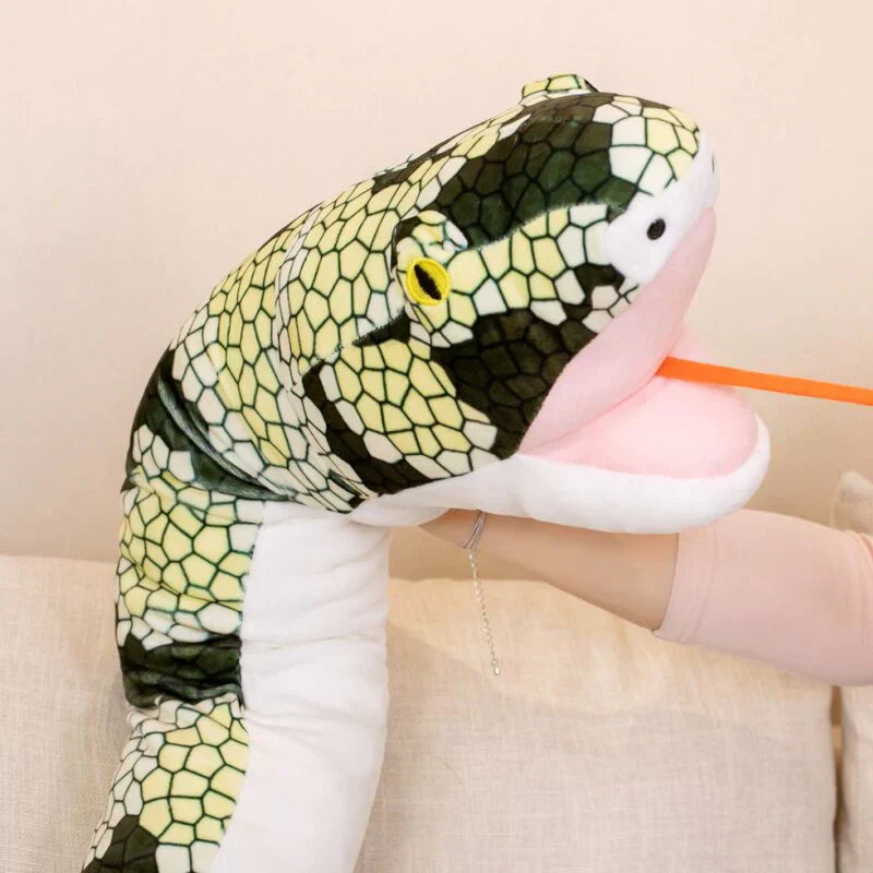 Giant 63" plush snake pillow; soft, huggable, detailed scale pattern, premium PP cotton filling, green & white.