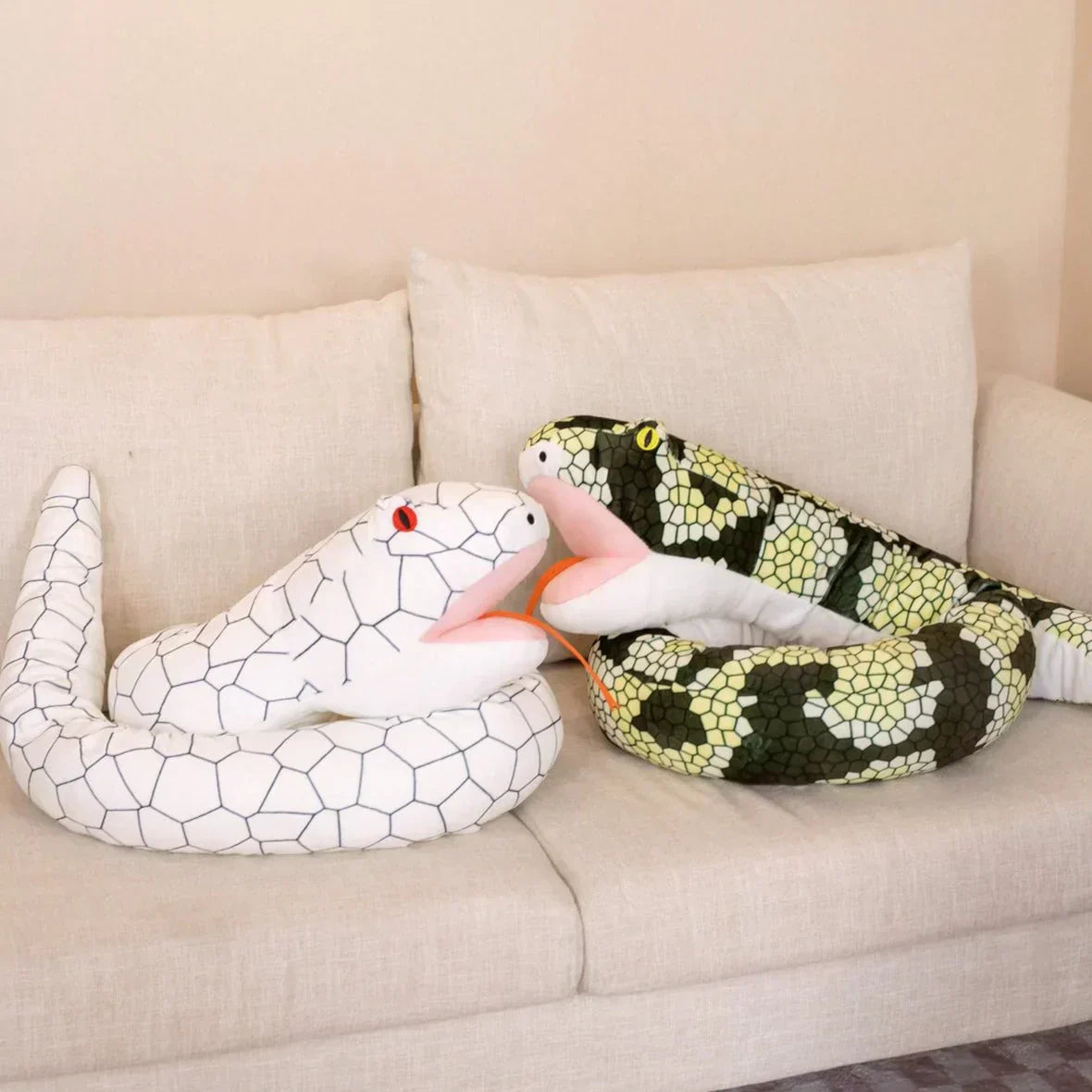 Giant 63" plush snake pillow; huggable, soft PP cotton filling; white & green scale patterns; hypoallergenic.