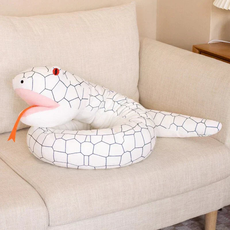 Giant 63" plush snake pillow in white with black scale pattern, huggable & soft PP cotton filling.