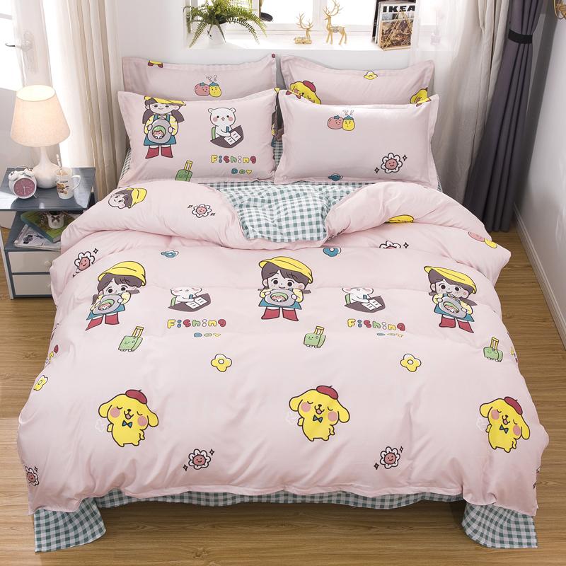 Pink reversible girls' bedding set featuring a fishing theme, 100% polyester microfiber, includes duvet cover, flat sheet & pillowcases.
