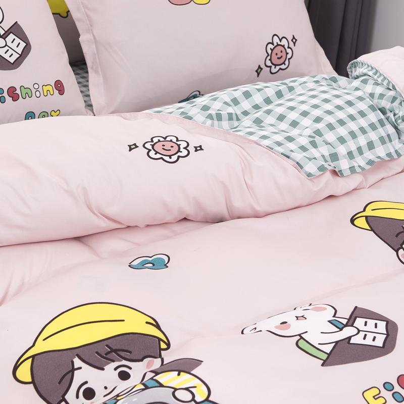 Pink reversible girls' bedding set featuring a cute fishing cartoon print, green gingham reverse, 100% polyester microfiber. Includes duvet cover, flat sheet & pillowcases.