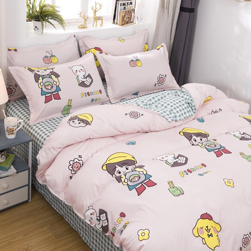 Pink reversible girls' fishing-themed bedding set; includes duvet cover, flat sheet, and pillowcases. 100% polyester microfiber.