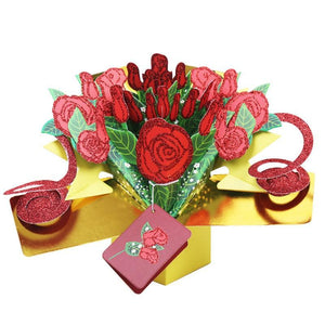 12 iridescent gold galaxy roses in a white suede gift box with a 3D pop-up card. Perfect gift for any occasion.