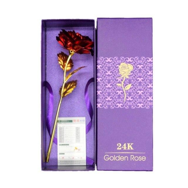 24k gold-plated iridescent galaxy rose in a purple gift box.  Heart-shaped stand, engraved "Love You For Life".