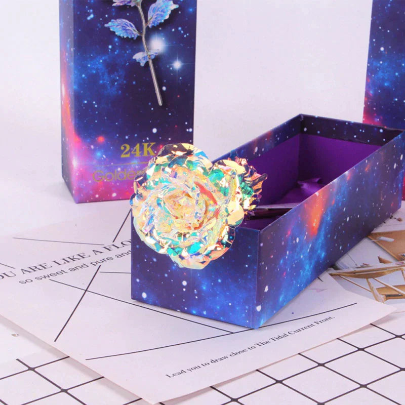 Iridescent galaxy rose in 24k gold-plated heart frame with "Love You For Life" engraving; perfect gift.