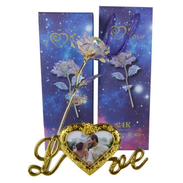24k gold-plated heart frame with iridescent galaxy rose, engraved "Love," perfect gift.