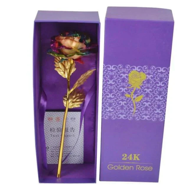 Iridescent galaxy rose, 24k gold-plated stem, in purple gift box.  Heart-shaped stand, "Love You For Life" engraving.