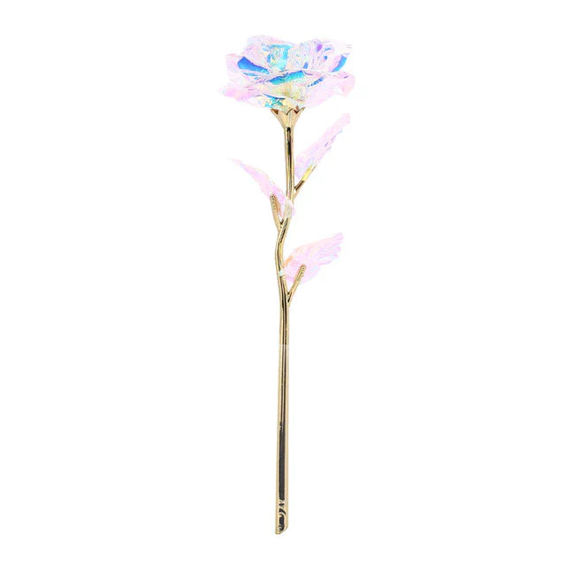 Iridescent galaxy rose with 24k gold-plated stem and leaves; engraved "Love You For Life"; heart-shaped stand.