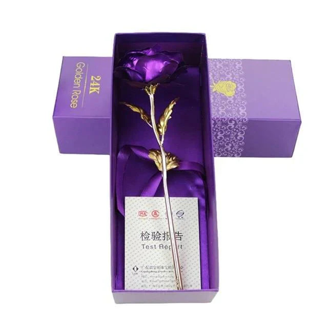 24k gold-plated iridescent purple galaxy rose in gift box.  Heart-shaped stand, engraved "Love You For Life".  Perfect gift.