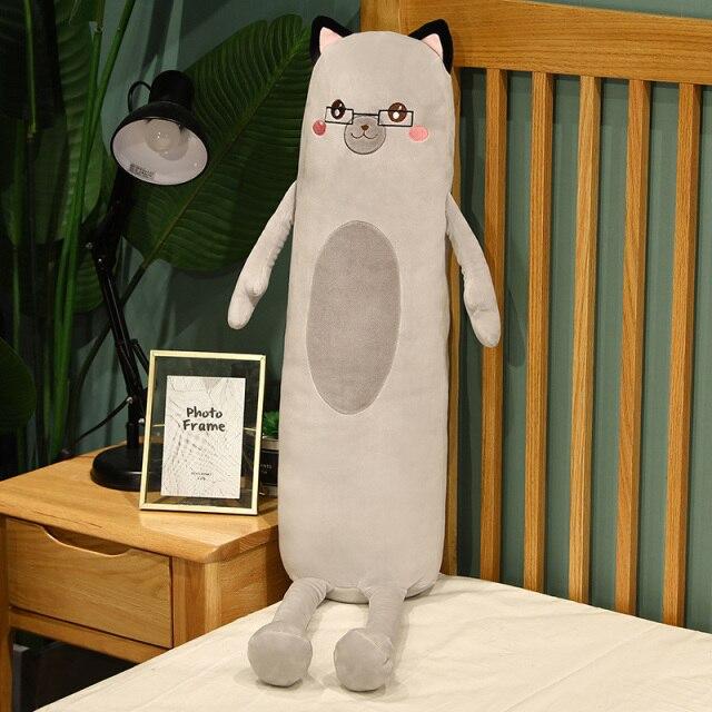 Gray cat plush body pillow; soft PP cotton, comfy for sleeping, anxiety relief; glasses detail.
