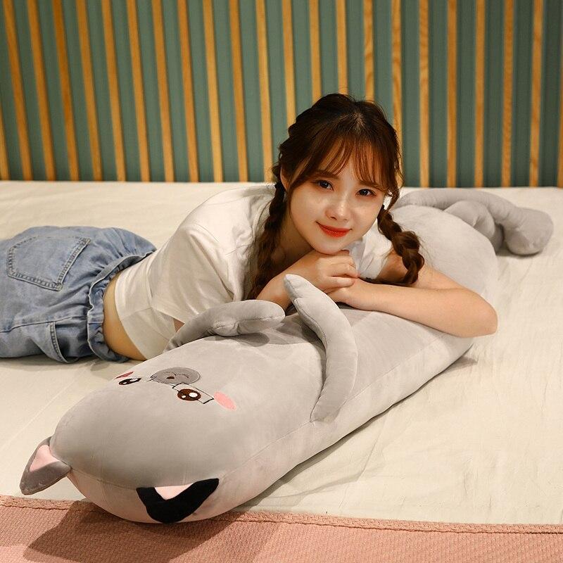 Gray cat plush body pillow, super soft PP cotton, perfect for cuddling & sleep. Hypoallergenic &amp; machine washable.