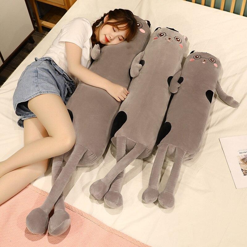 Soft gray cat plush body pillows;  multiple sizes, comfy PP cotton filling, perfect for cuddling & sleep.