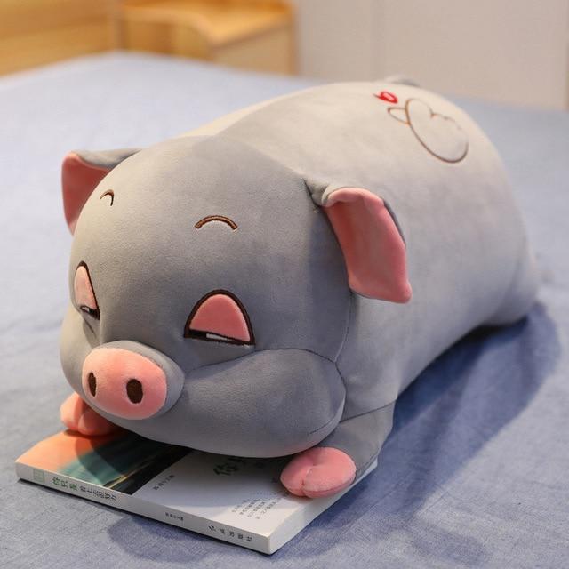 Gray pig plush body pillow; soft, hypoallergenic PP cotton filling; promotes relaxation and better sleep.