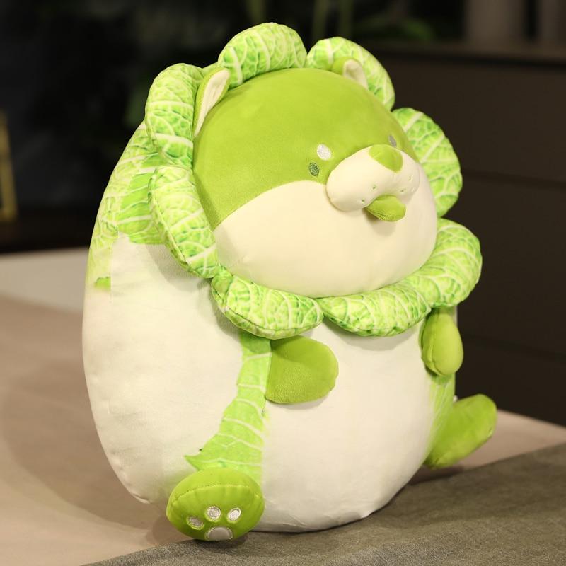 Adorable green cabbage Shiba Inu plush toy; soft plush fabric, PP cotton filling, approx. 10"x8" (sitting).  Hypoallergenic.