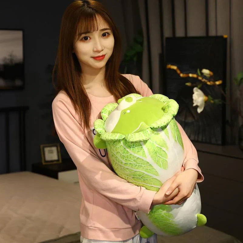 Adorable green cabbage Shiba Inu plush toy; soft PP cotton filling; sitting position; approx. 10" x 8".