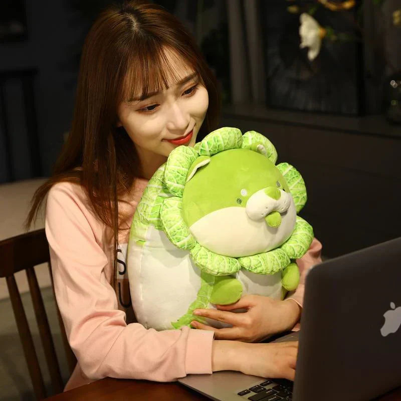 Adorable green cabbage Shiba Inu plush toy; soft PP cotton, sitting pose, approx. 10"x8".  Hypoallergenic.