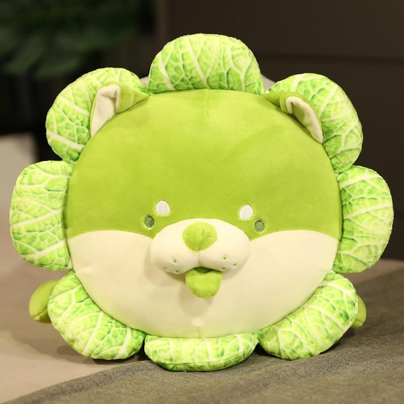 Adorable green cabbage Shiba Inu plush toy; soft plush fabric, PP cotton filling, approx. 10"x8" sitting, 12"x6" lying.