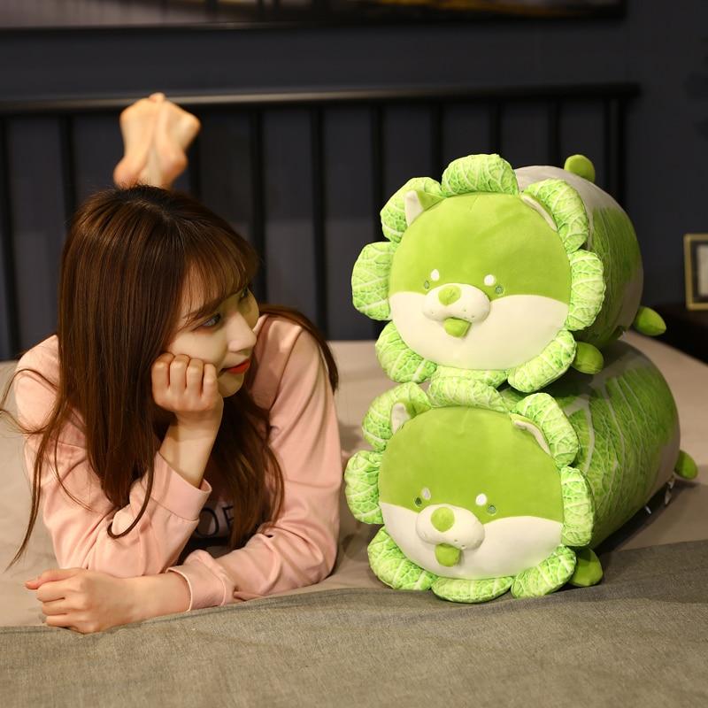 Green cabbage Shiba Inu plush toy, soft PP cotton, sitting & lying positions, approx. 10"x8" & 12"x6".  Adorable & cuddly.