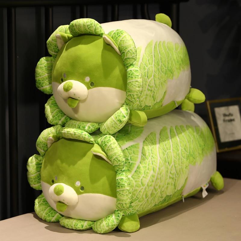 Adorable green cabbage Shiba Inu plush toy; soft PP cotton, approx. 10"x8" sitting, 12"x6" lying. Hypoallergenic.